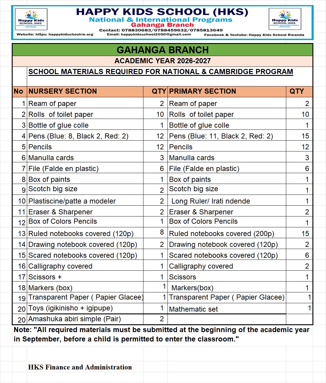 SCHOOL MATERIAL REQUIRED FOR NATINAL AND CAMBRIDGE PROGRAM