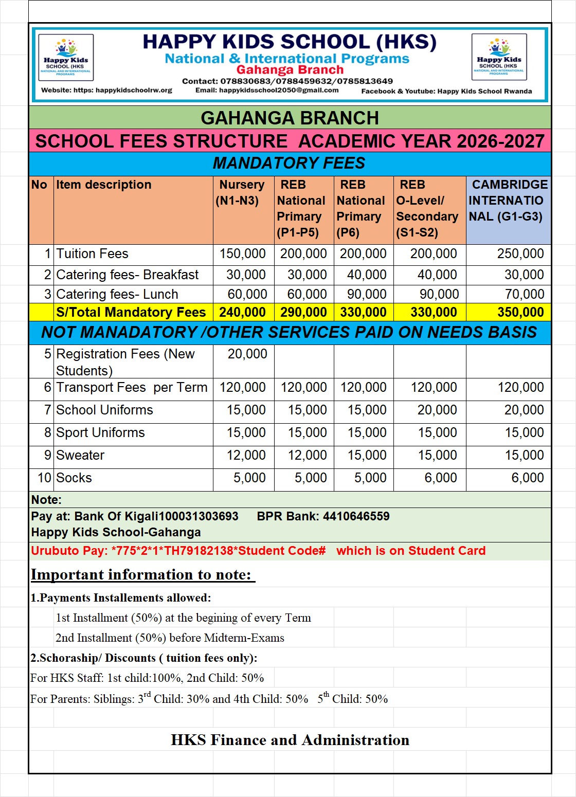 SCHOOL FEES STRUCTURE ACADEMIC YEAR 2026-2027 FOR GAHANGA