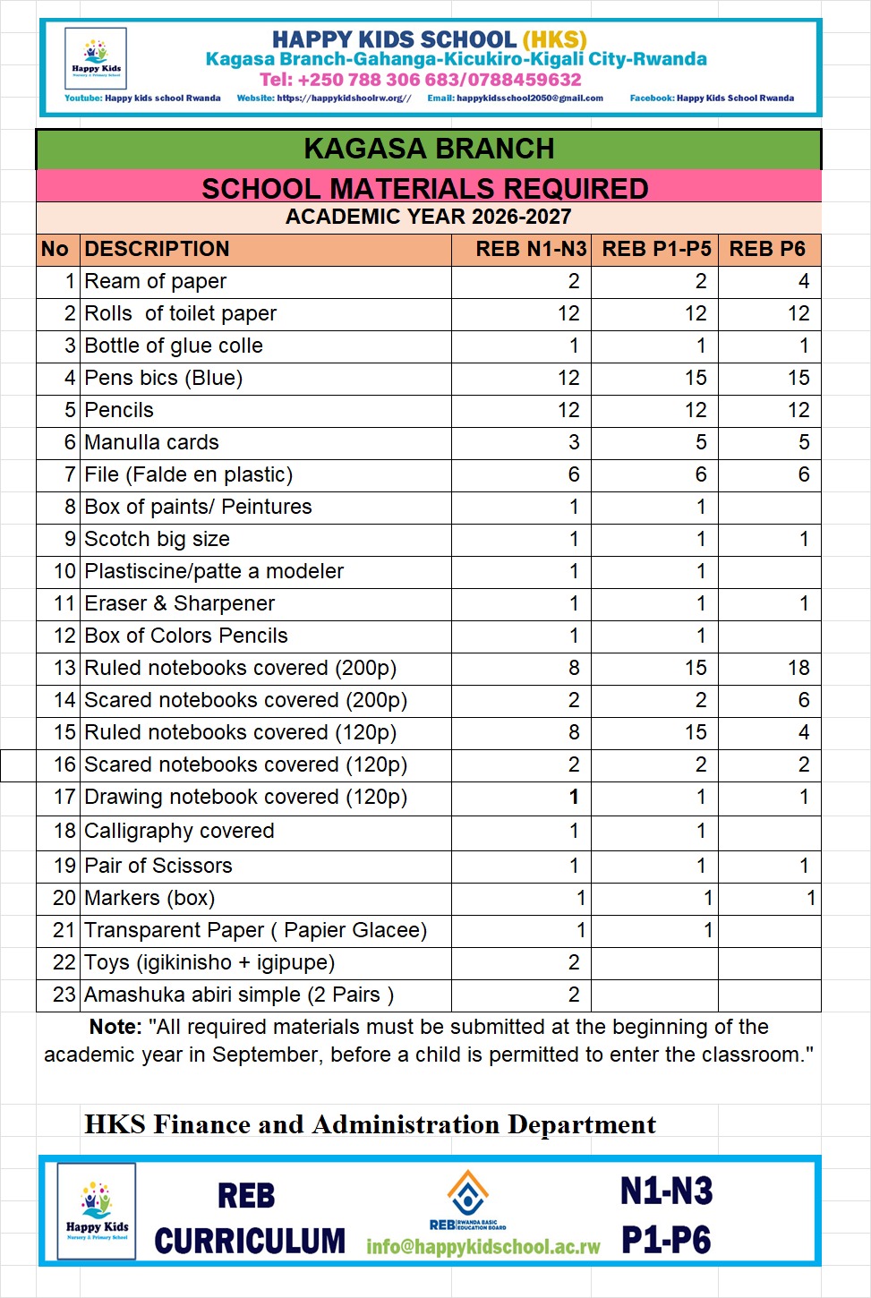 School material requirement for Kagasa branch (2026-2027)