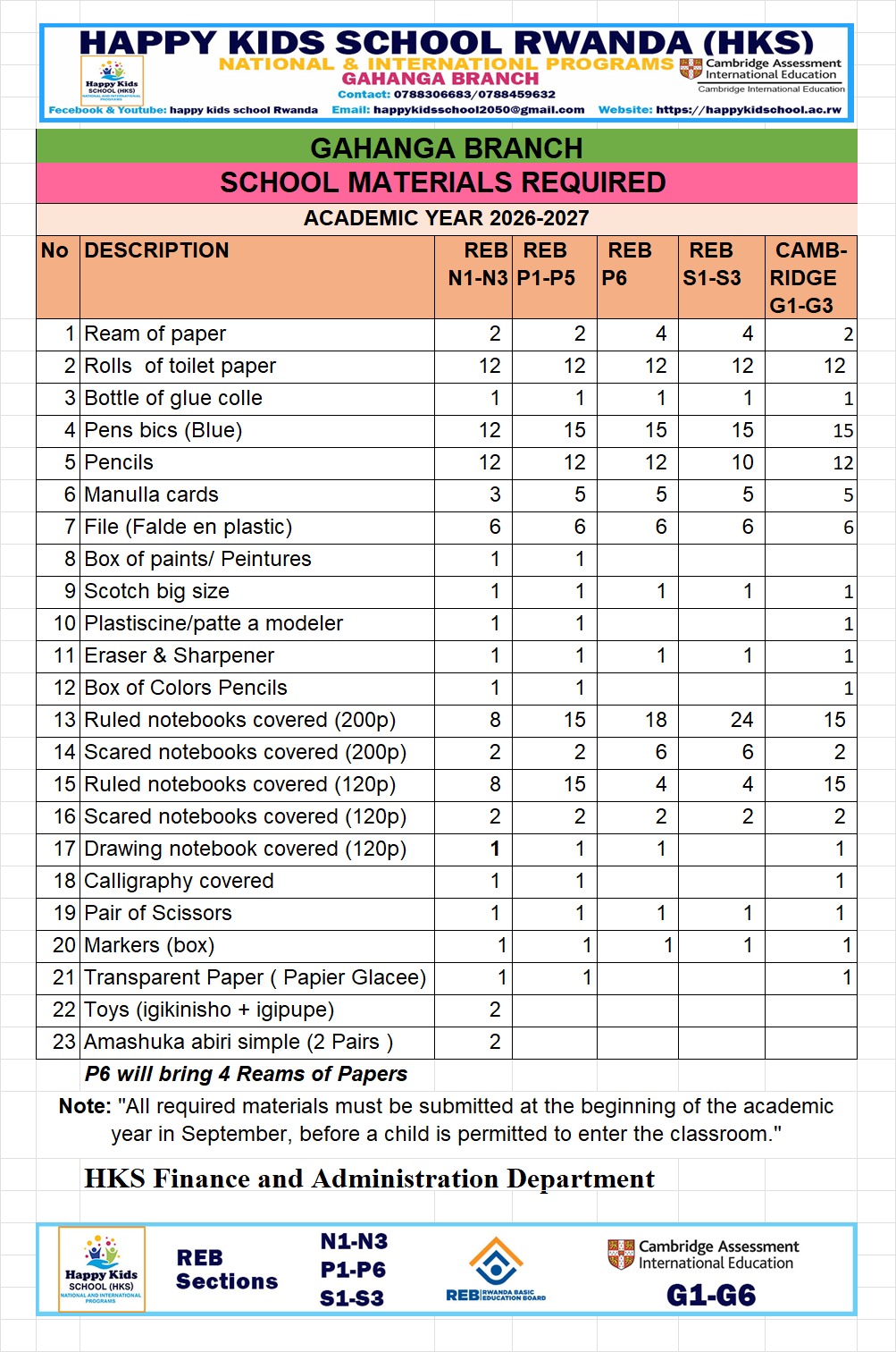 School material Requirement for Gahanga Branch (2026-2027)